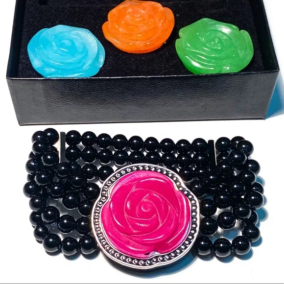 HSN Onyx Stretch Bracelet with Interchangeable 4-in-1 Magnetic Carved Roses - Picture 6 of 14